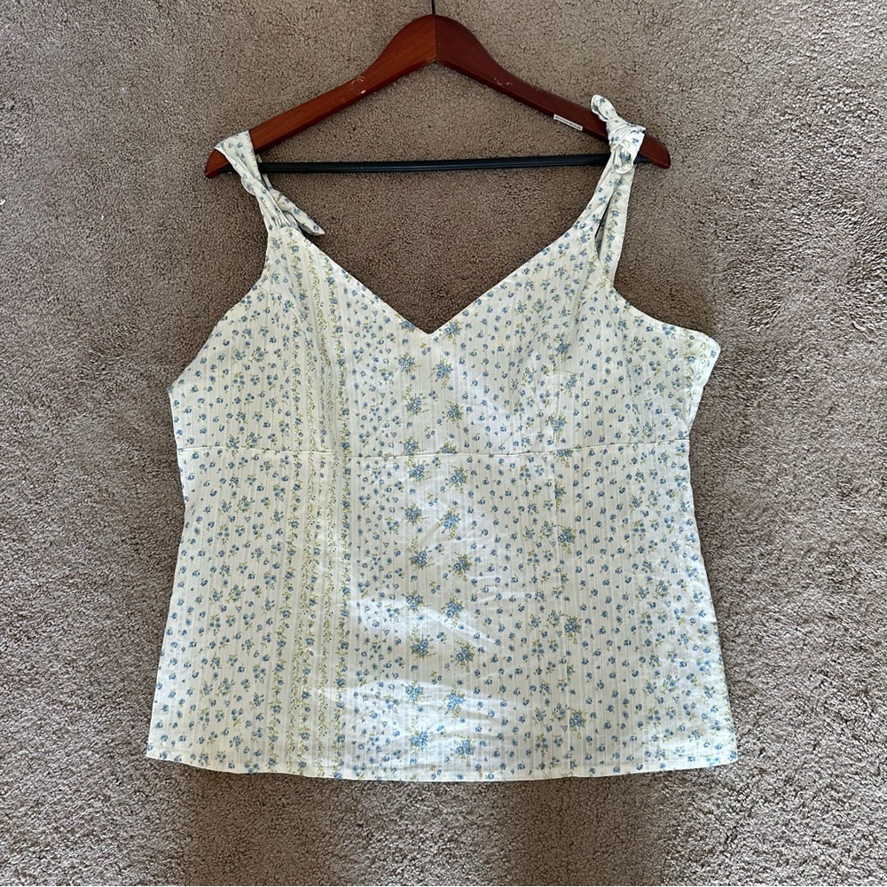 Dressbarn Floral Cottagecore Tie Strap Tank Top XL Blue White Stretchy - Picture 5 of 7